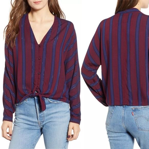 Rails Sloane Blouse in Janeiro Stripe Burgundy Navy Metallic V Neck XS - Picture 1 of 10